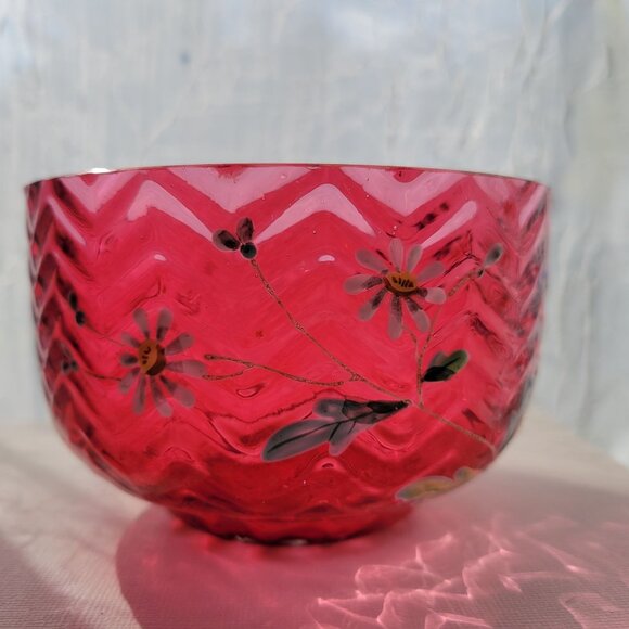 Vintage Hand-Painted Cranberry Glass Bowl Handpainted Floral Design &Chevron Pat - Picture 3 of 13